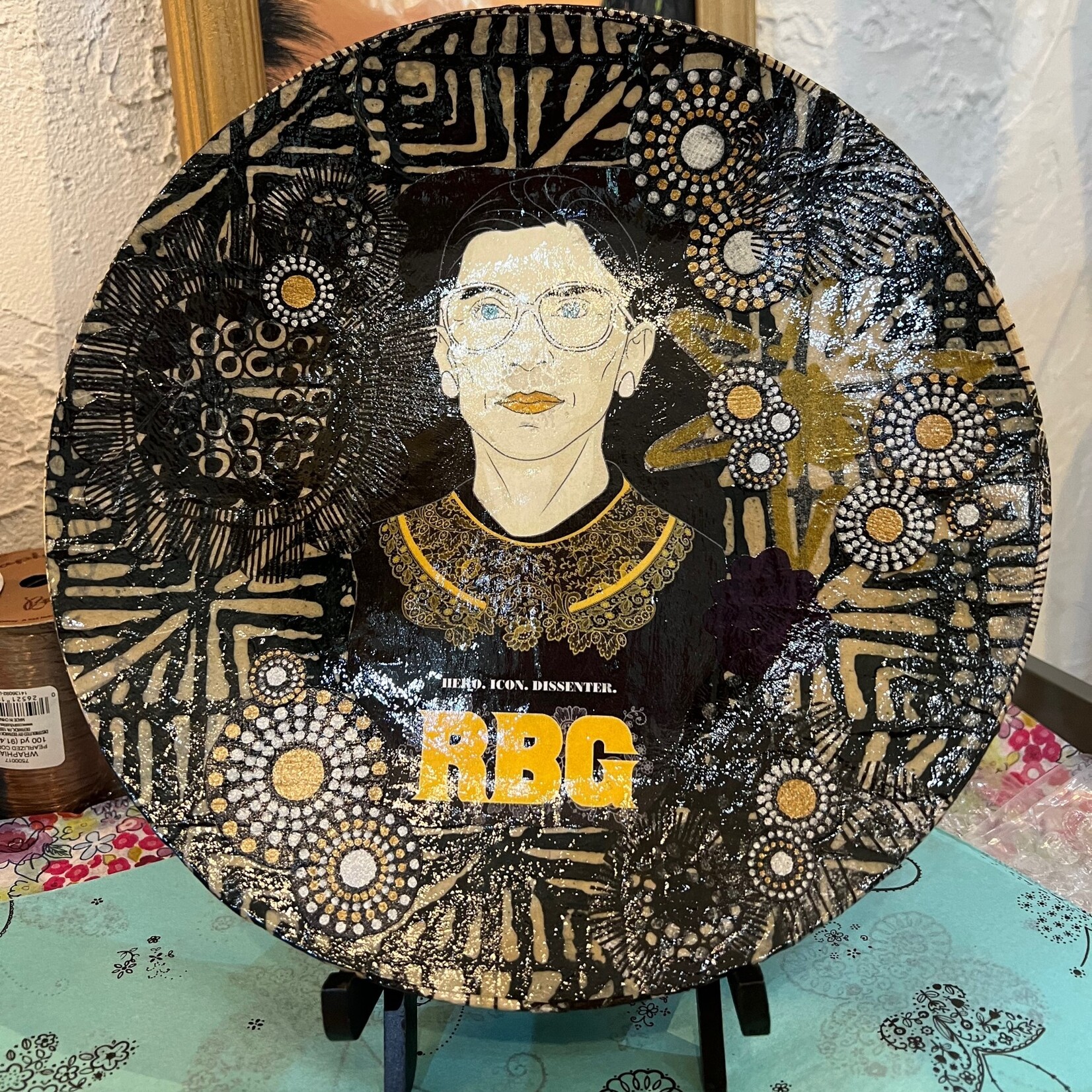 Pam Maschal RBG Collaged Plate, w/stand, 10"D, PAMM