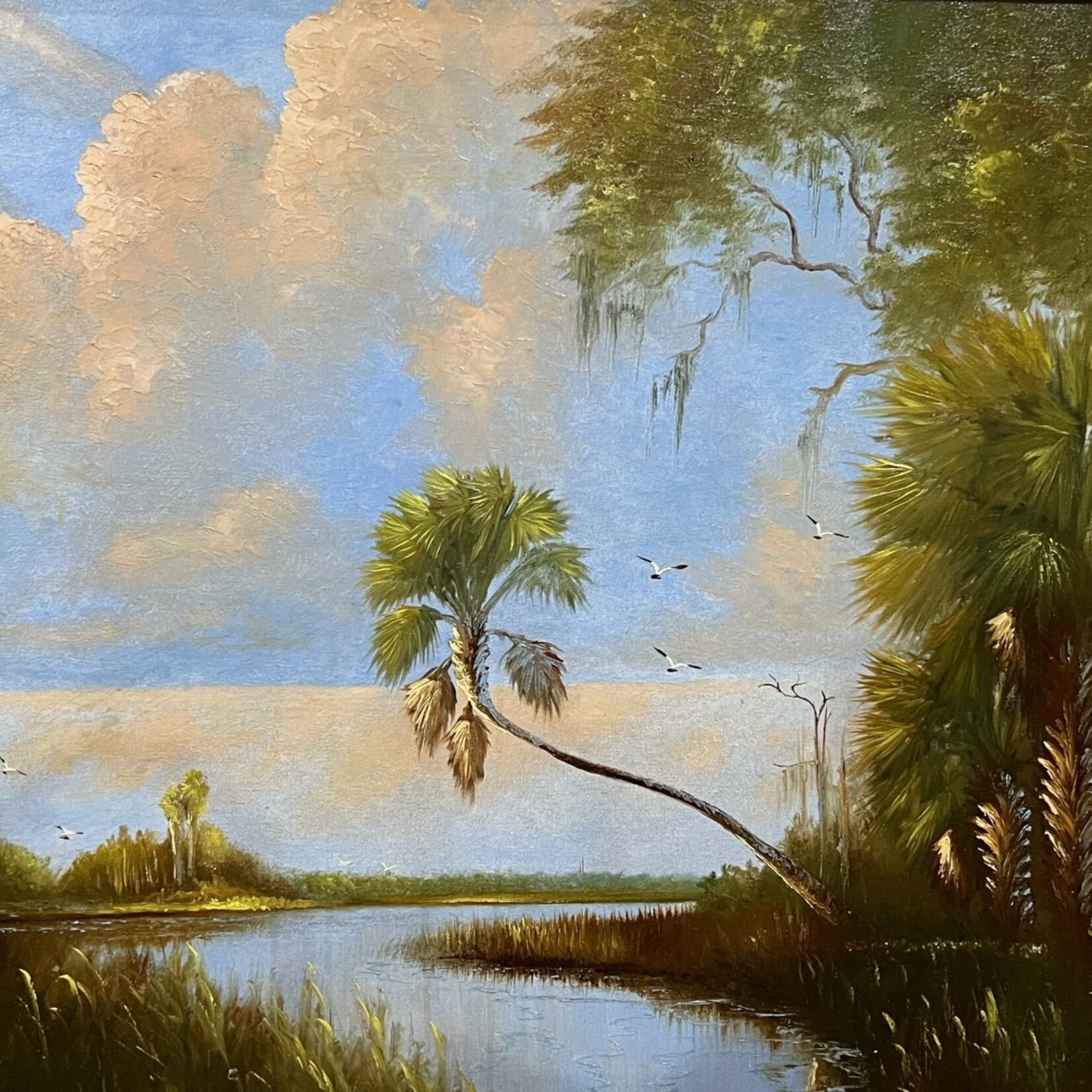 Highwaymen: Original, 2nd Generation, Legacy HIGHWAYMEN, Johnny Daniels, River Scene w/pink clouds, oil on canvas, @42x30" framed, RARE