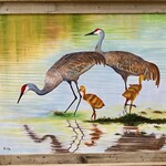Maria Mills "My Little Family", Cranes, oil on canvas 18x24, framed, driftwood, MARM