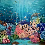 Susan Marinaccio Reef Serenade,  coral, original oil on canvas, 36" sq, SUSM