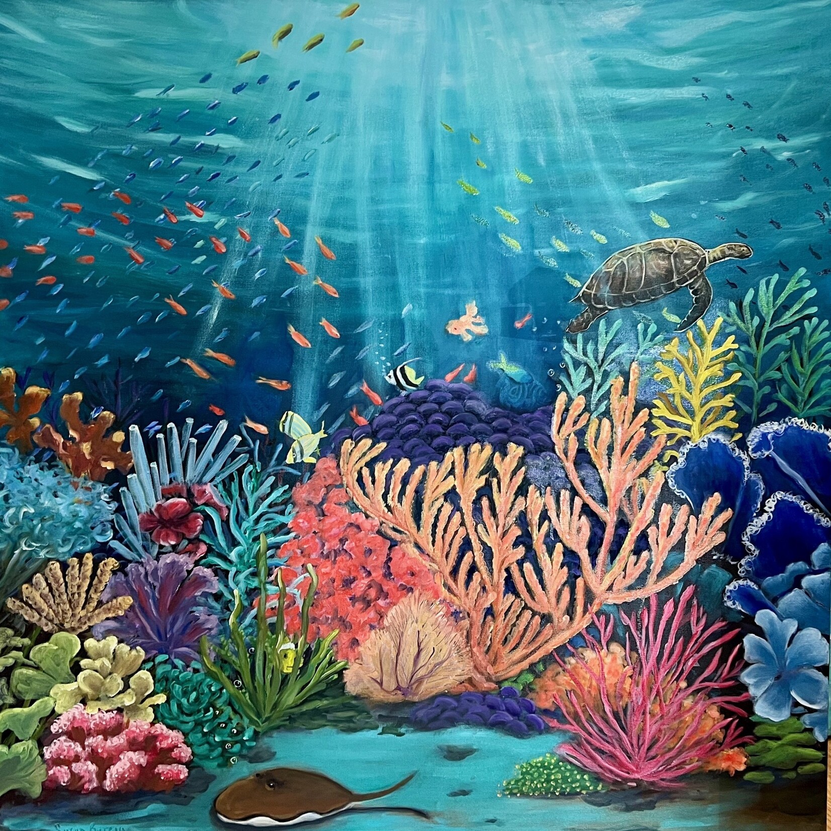 Susan Marinaccio Reef Serenade,  coral, original oil on canvas, 36" sq, SUSM