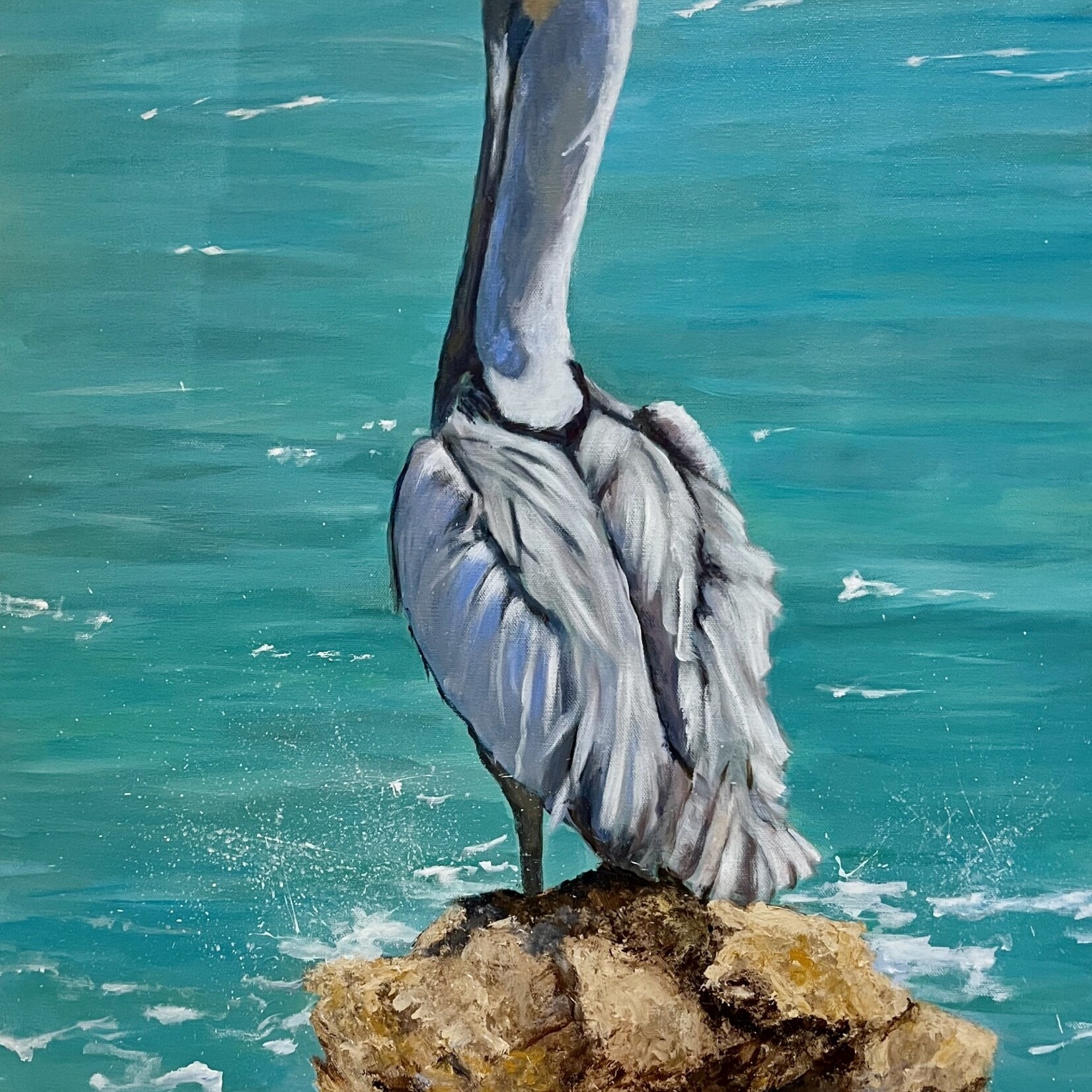 Susan Marinaccio Tranquil Watcher,  pelican, original oil on canvas, 24x30", SUSM