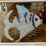 Sue by the Seashore "Fishy, blue, crushed glass, framed, 14x16", SUES