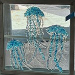 Sue by the Seashore Three Jellies, blue, crushed glass, 22x22", framed, SUES