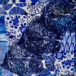 Pam Maschal COLLAGE,  3 Fish, blue, Mixed Media,  8x8" PAMM)
