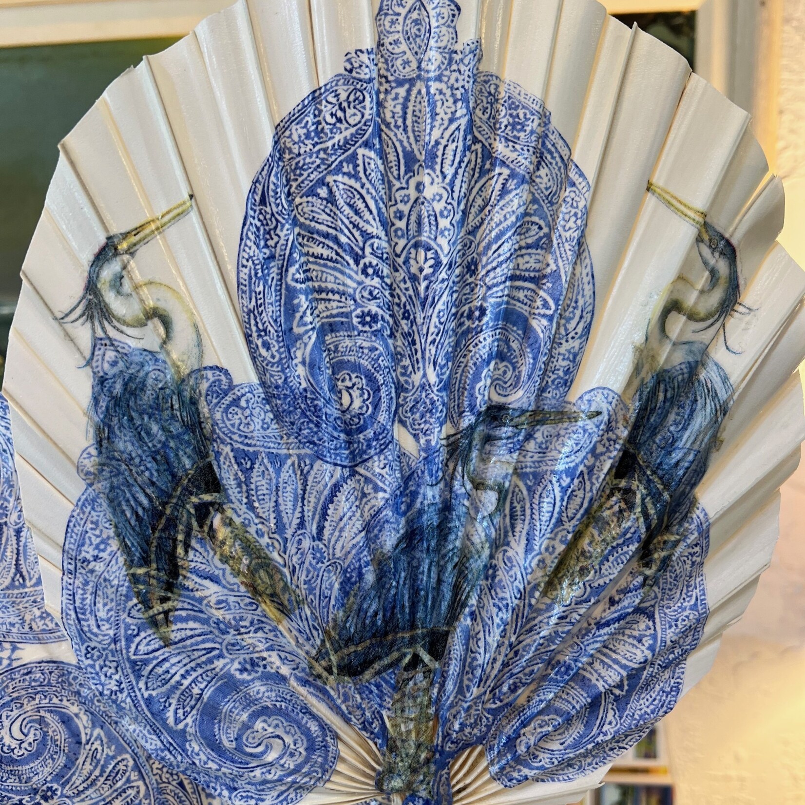 Pam Maschal Shell Vase w/collage palm fronds and starfish, 25", PAMM