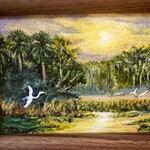 Carol Merritt "Egrets in Sunlight" original painting, framed, 4.5x4", CARM