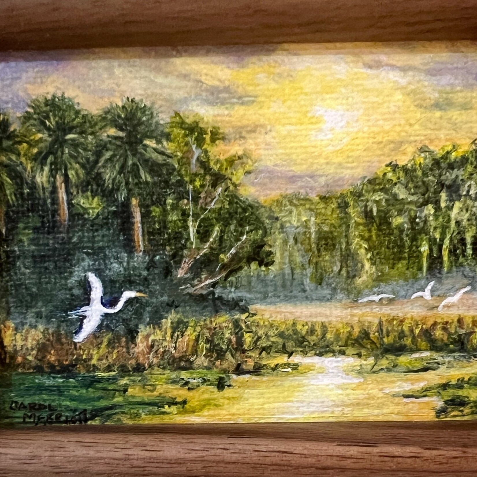 Carol Merritt "Egrets in Sunlight" original painting, framed, 4.5x4", CARM