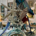 Mary Burnside Sculpture in vase, w/shells, crystals, coral, sea elements,  MARY