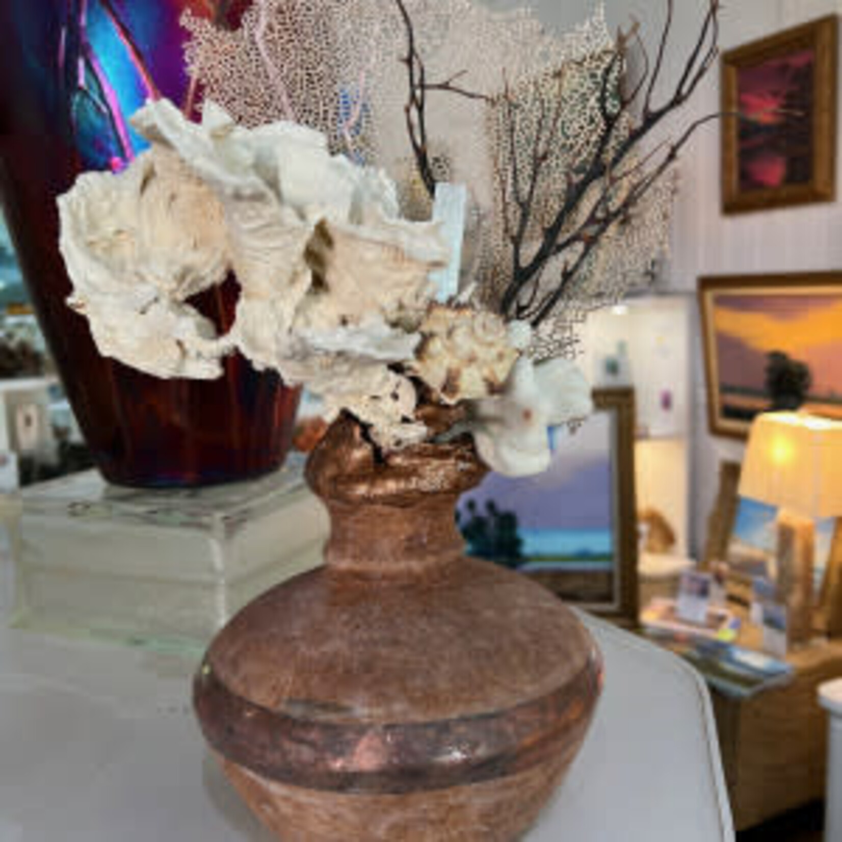 Mary Burnside Sculpture in vase, w/shells, crystals, coral, sea elements,  MARY