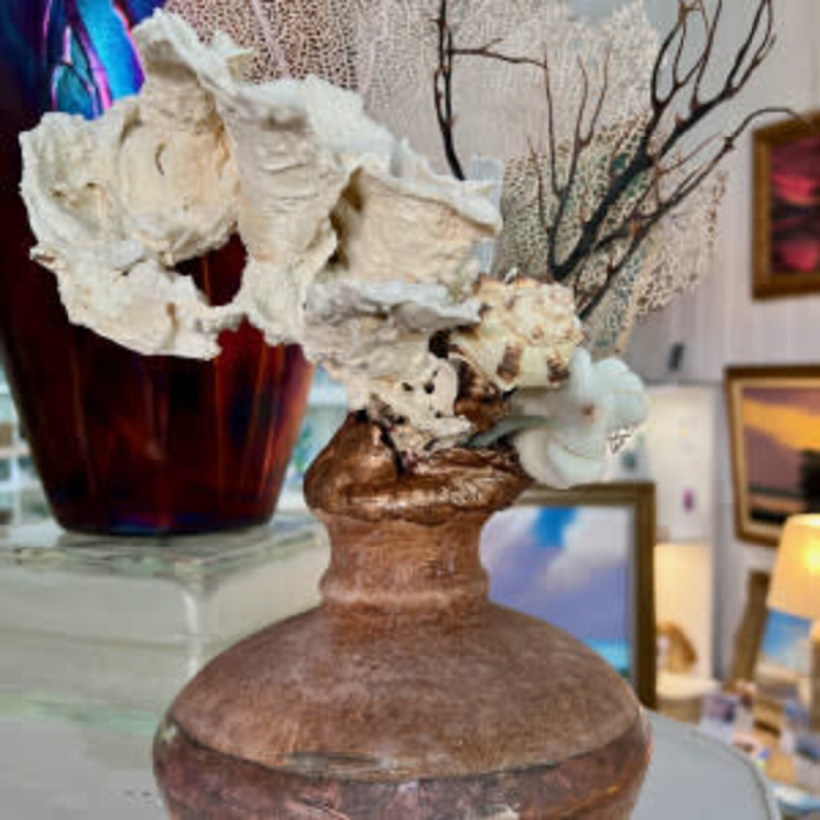 Mary Burnside Sculpture in vase, w/shells, crystals, coral, sea elements,  MARY