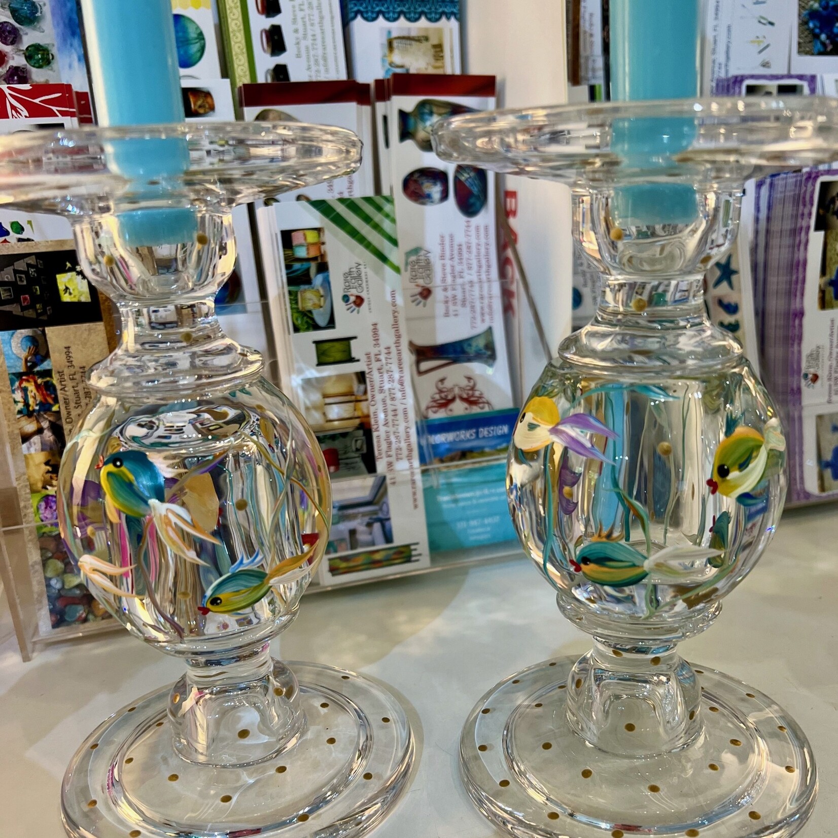 Mary Burnside Candleholder, PAIR, handpainted glass w/fish motif, 8"H, MARY