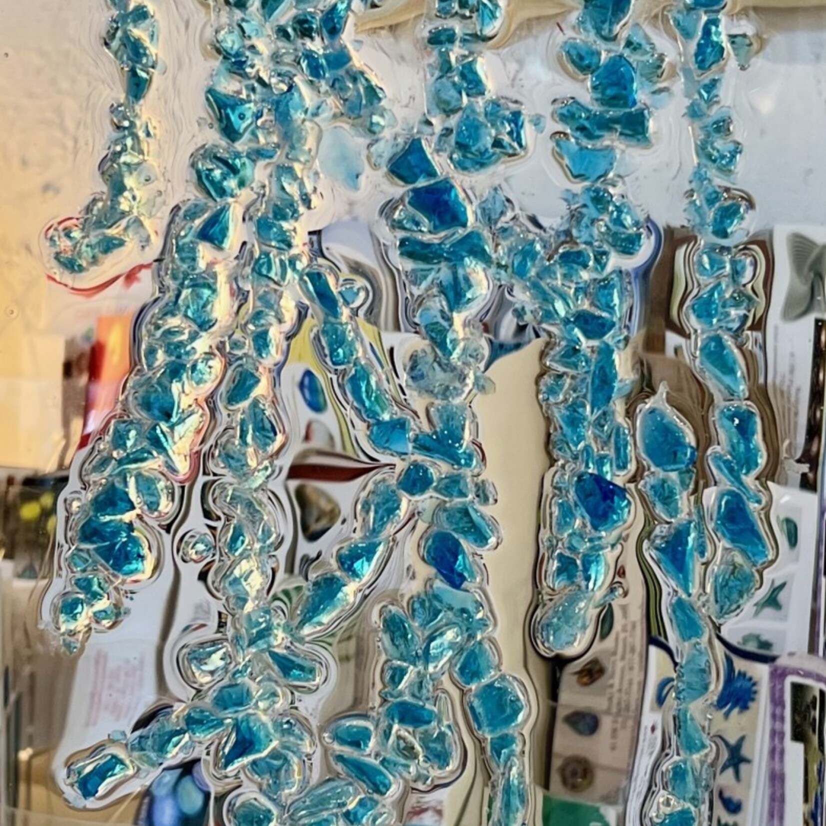Sue by the Seashore Jellyfish, blue, crushed glass, 22x10", framed, SUES