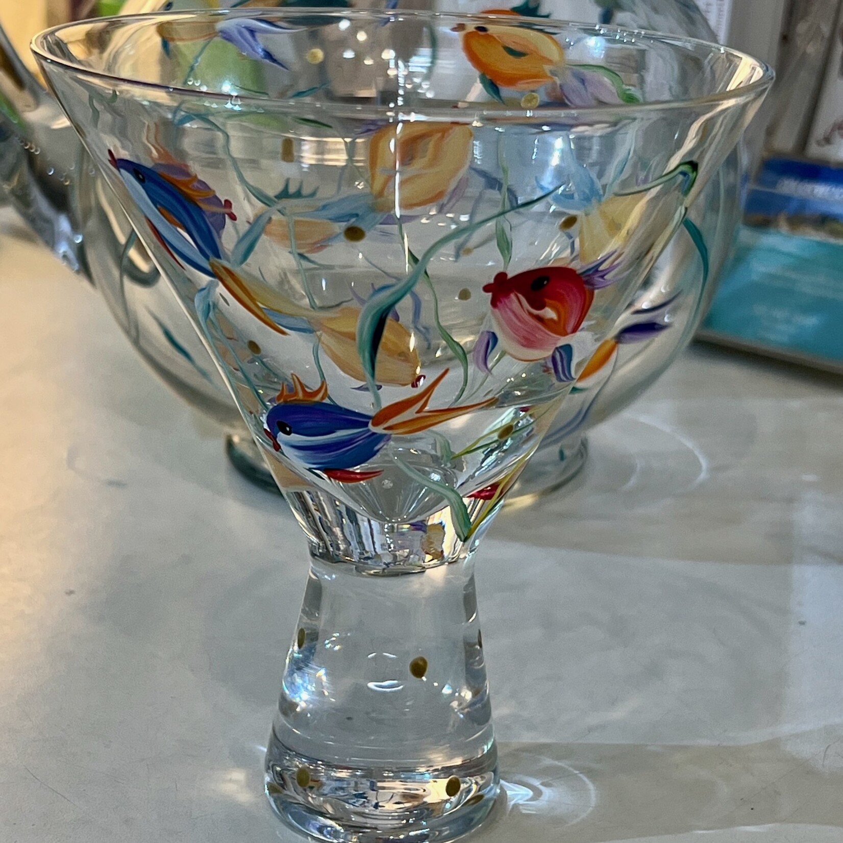 Mary Burnside Martini glass, handpainted w/fish motif, MARY