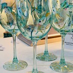 Mary Burnside Wine Glass, iridescent sea green, stemmed, handpainted,  fish motif, MARY