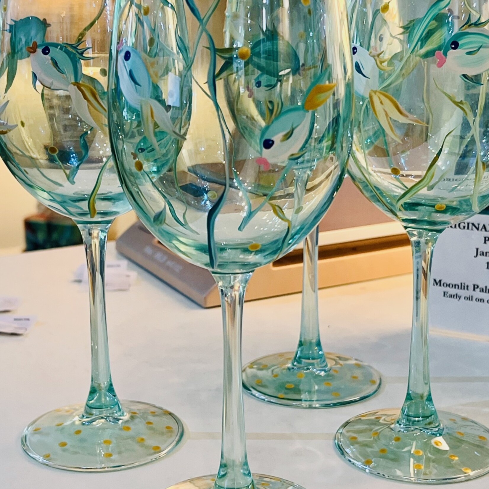 Mary Burnside Wine Glass, iridescent sea green, stemmed, handpainted,  fish motif, MARY