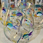 Mary Burnside Wine Glass, stemless, handpainted, MARY