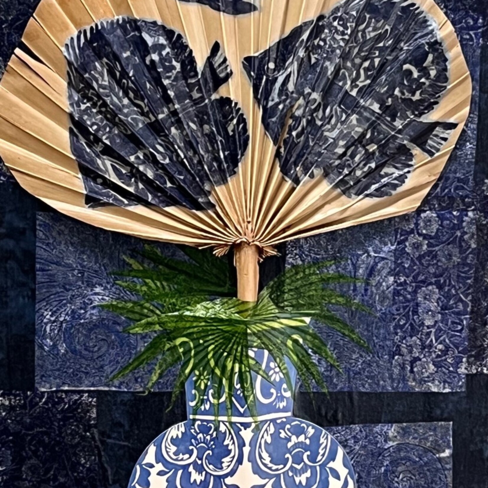 Pam Maschal Blue Vase with Frond, collage on canvas, 10x20", PAMM