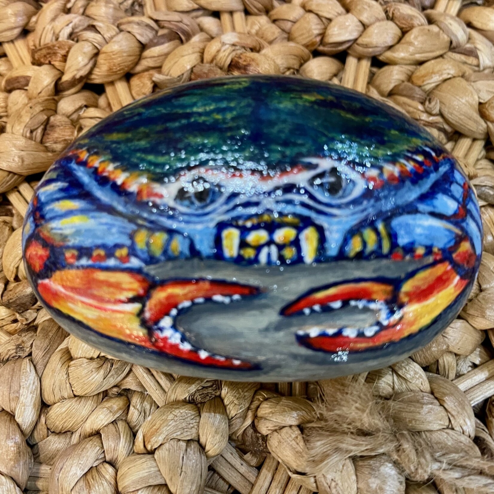 Carol Merritt "Crabby" painted river rock, 3.5", CARM