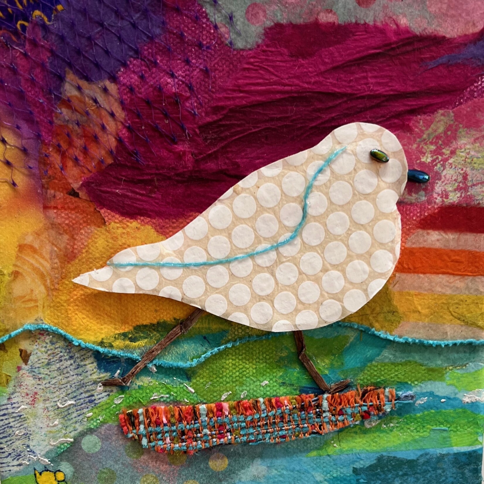 Susan Estrella "It's a Colorful Journey", Bird, collage/mixed media, 6" sq, SUSE