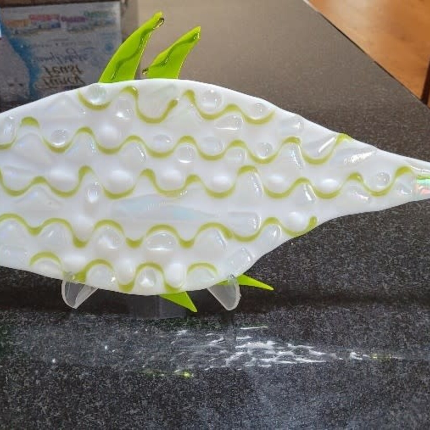Lois Brezinski Artworks Fish, white, fused glass on stand, lrg (@20"l),  LOIS