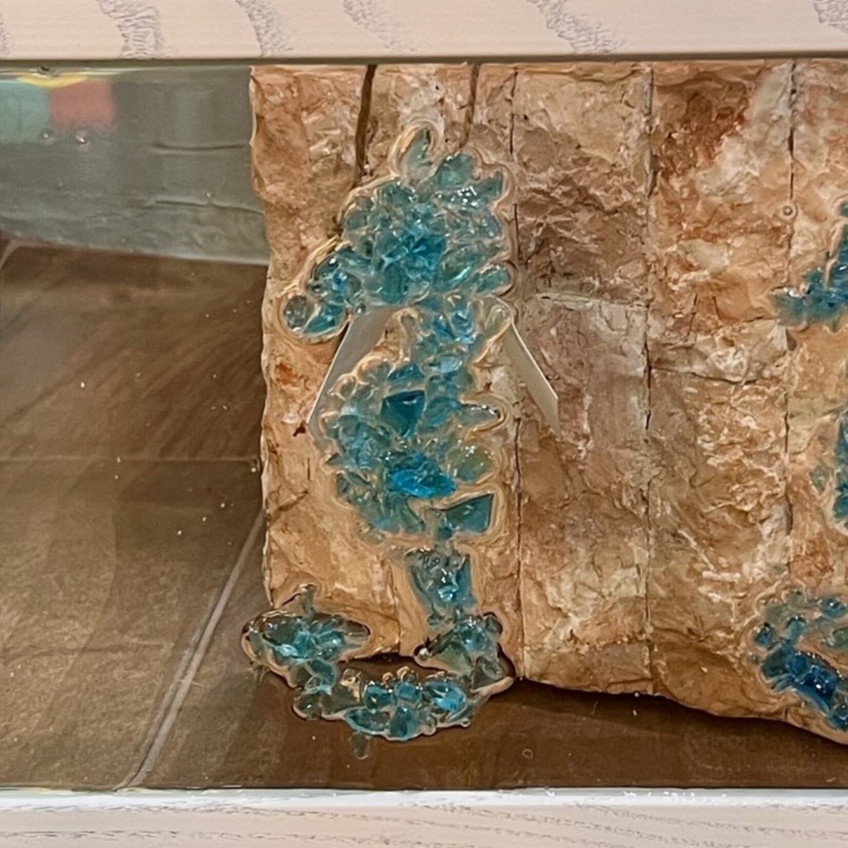 Sue by the Seashore Seahorses,  crushed glass, framed,22x10" SUES