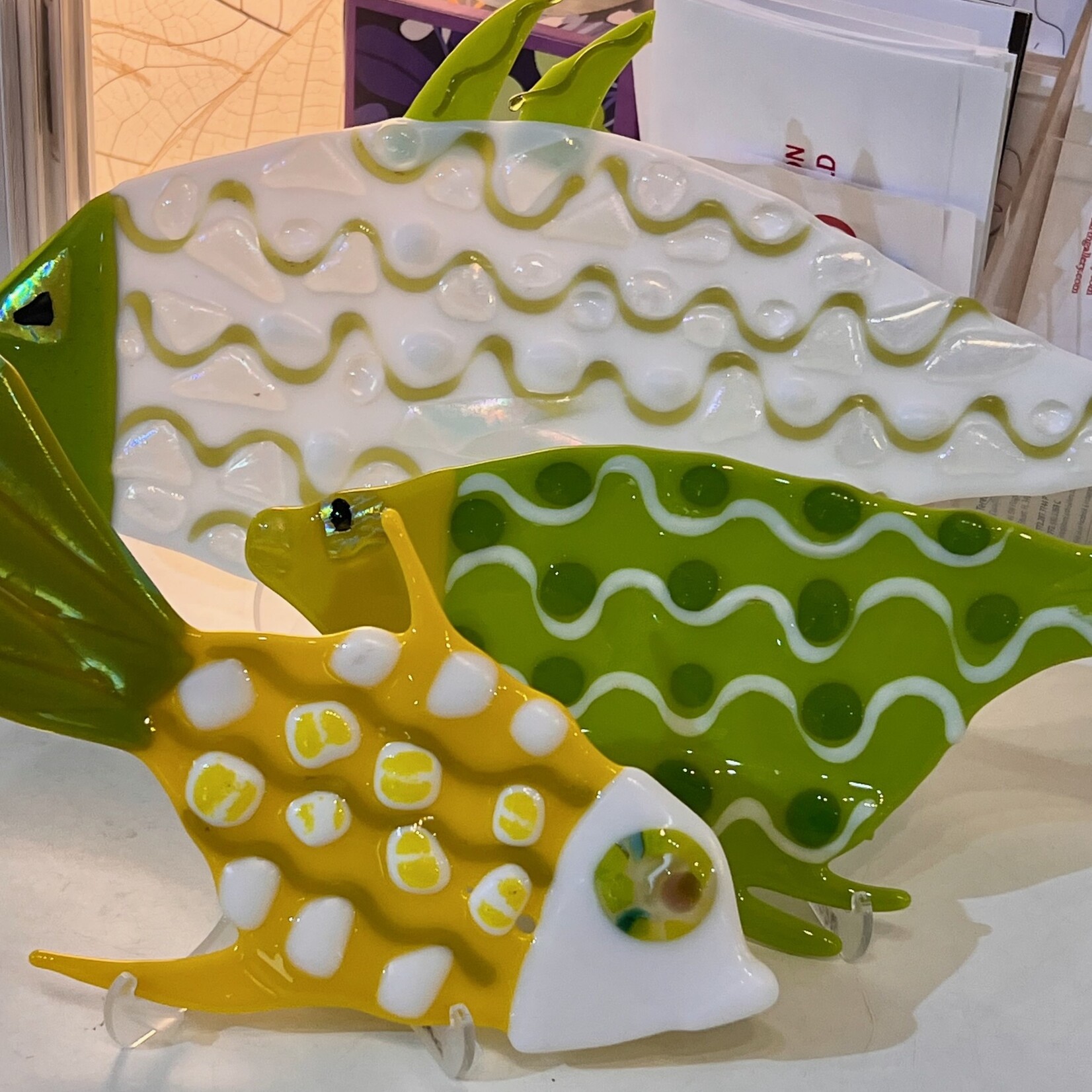 Lois Brezinski Artworks Fish, white, fused glass on stand, lrg (@20"l),  LOIS