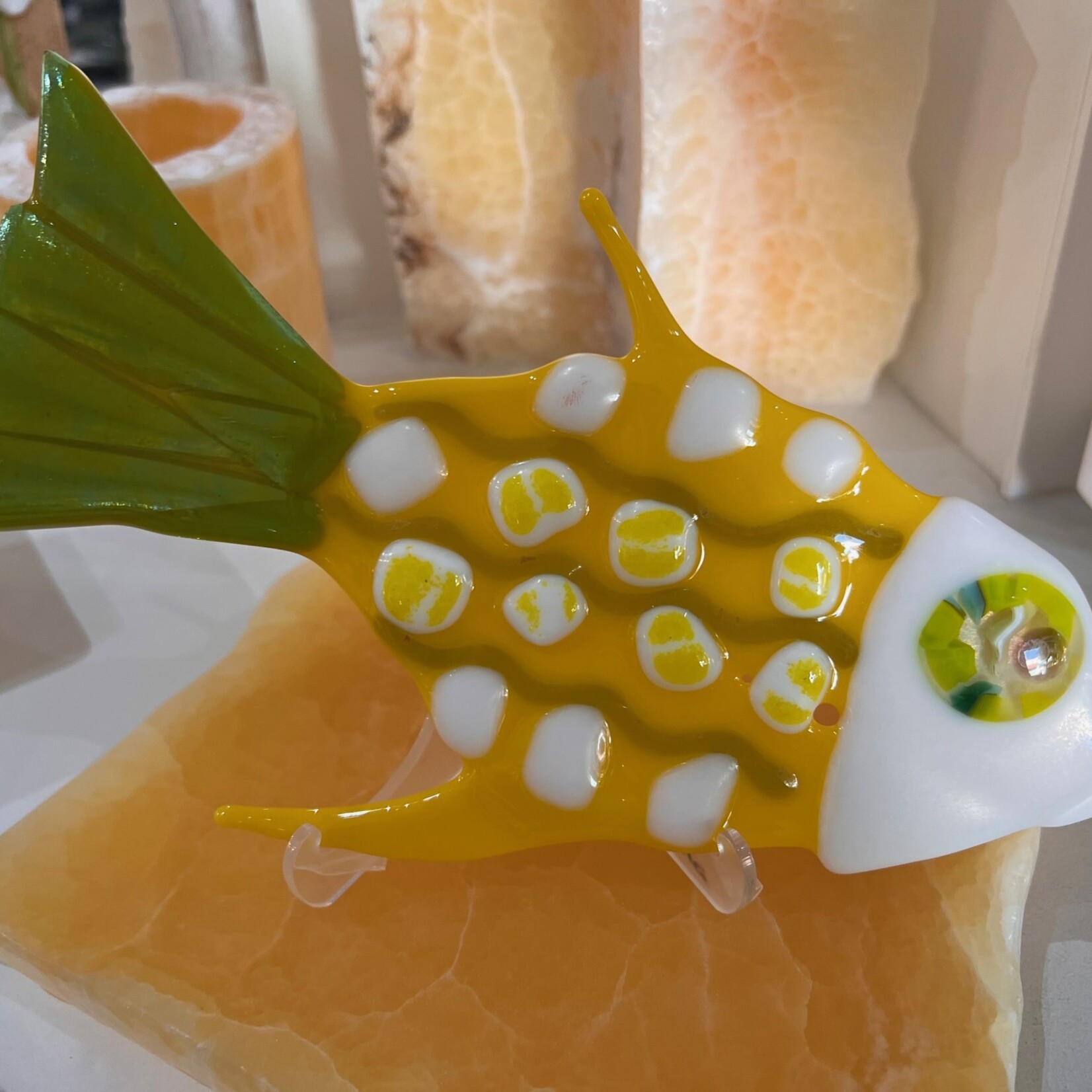 Lois Brezinski Artworks Fish, yellow, fused glass on stand, small, LOIS