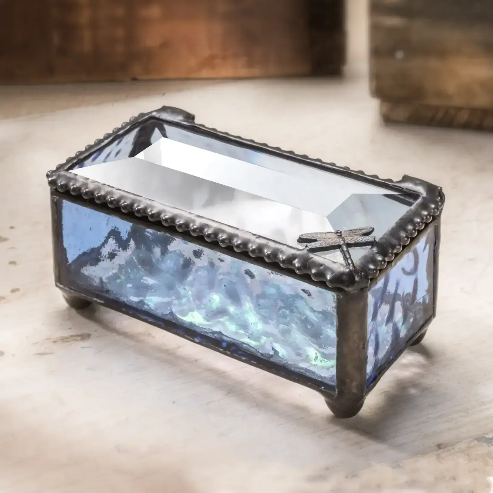 Kathy Gustafson Dragonfly Filligree Box, Blue Stained Glass, 3x2"" KATG