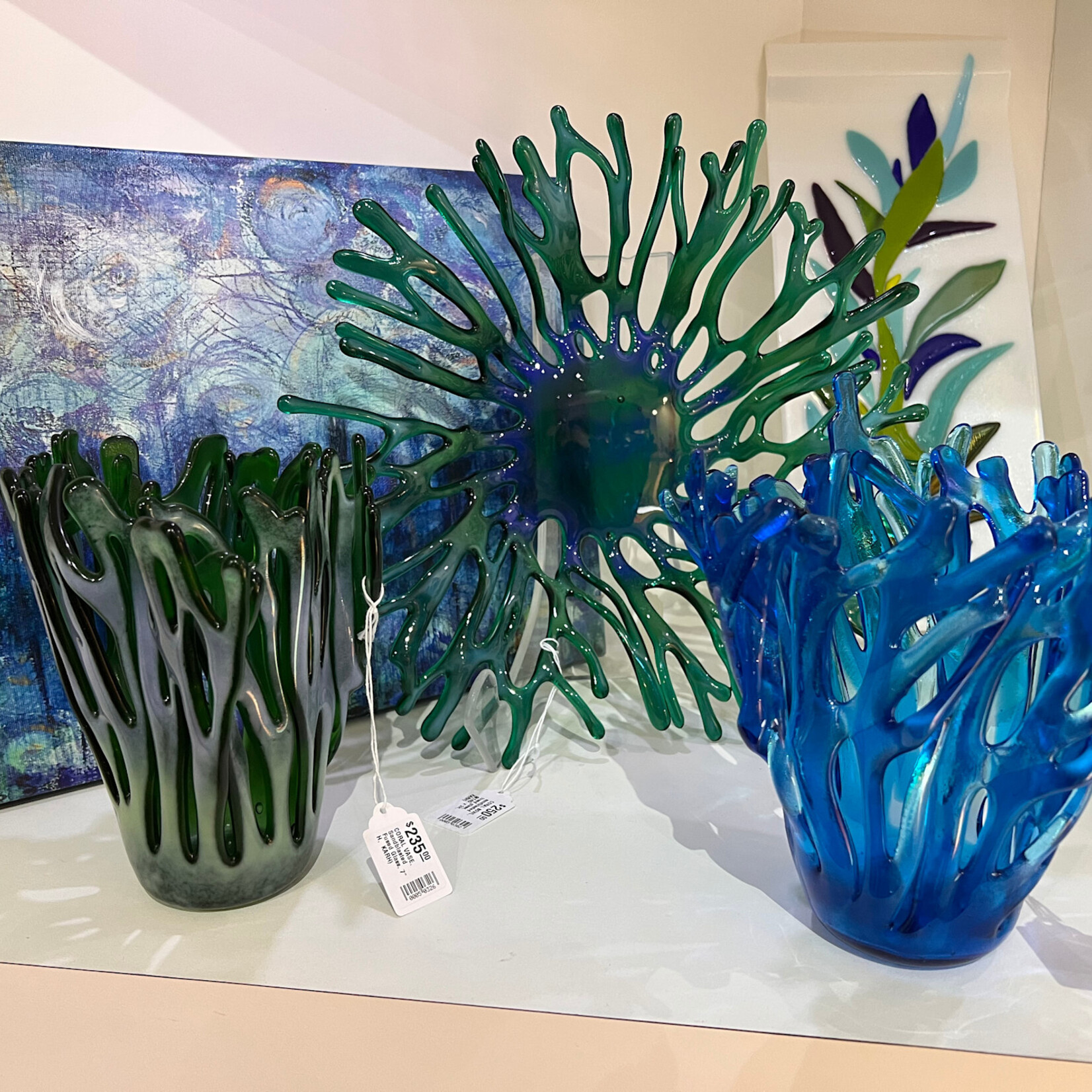 Karen Hovis CORAL VASE, Sandblasted Fused Glass, 7" H,  KARH)