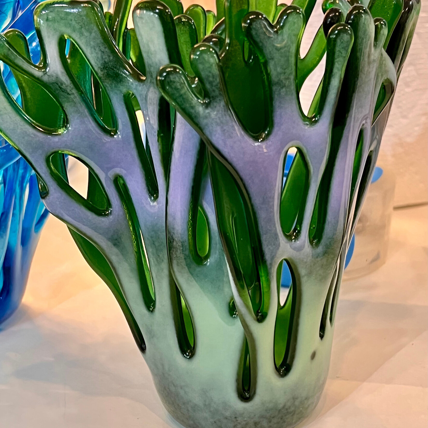 Karen Hovis CORAL VASE, Sandblasted Fused Glass, 7" H,  KARH)