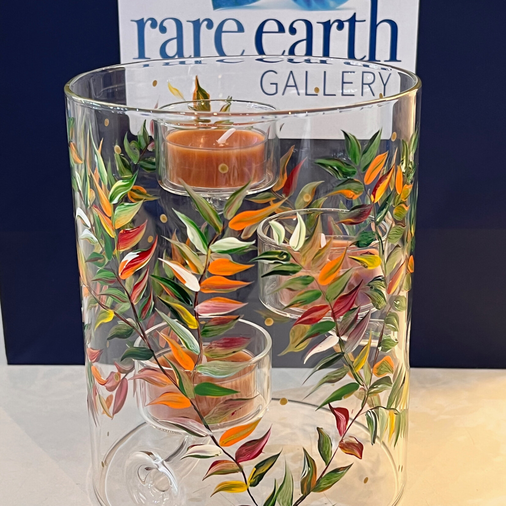 Mary Burnside Candle Holder, handpainted w/vines and votives, glass, MARY