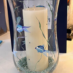 Mary Burnside Hurricane Candle Holder, handpainted w/fish motif, 10" h glass, MARY