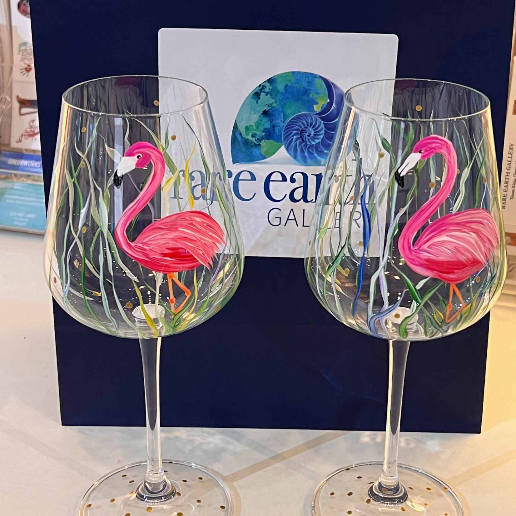 Mary Burnside Wine Glass, stemmed, handpainted,  flamingo, MARY