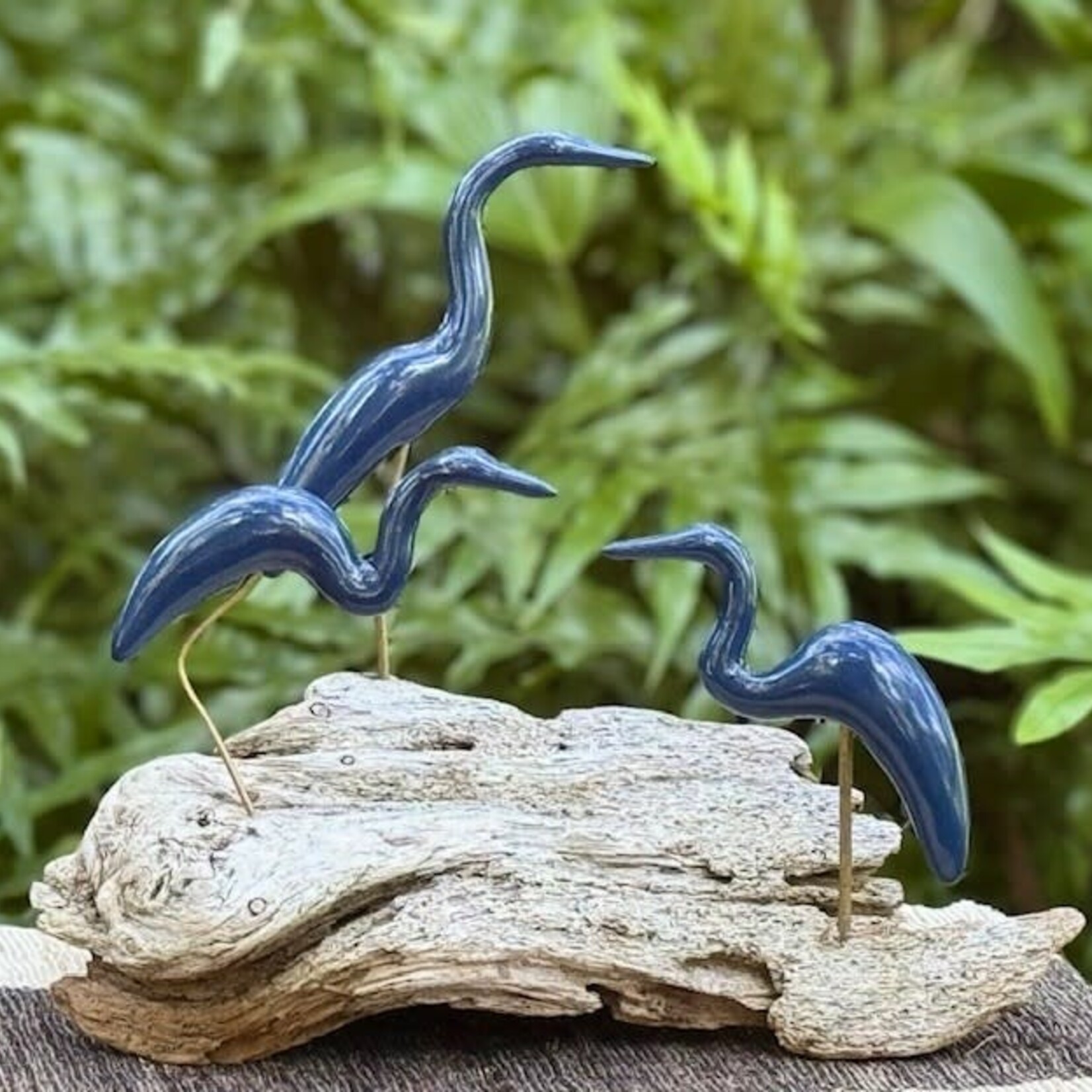 Molly Potter Thayer "Deep Blue Shorebirds", driftwood w/ceramic birds, 14x13", MOLT