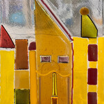 Lois Brezinski Artworks Cityscape "Golden Light" Dichro Plate, 7"sq,  fused glass, LOIS