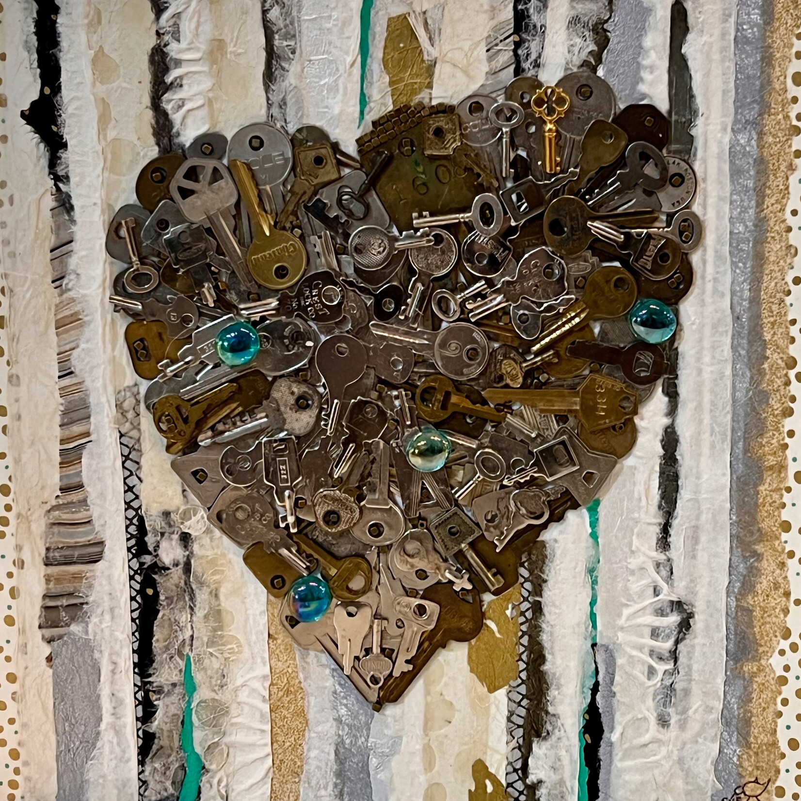 Susan Estrella "The Key to My...", mixed media w/keys on wood, 12"sq, SUSE