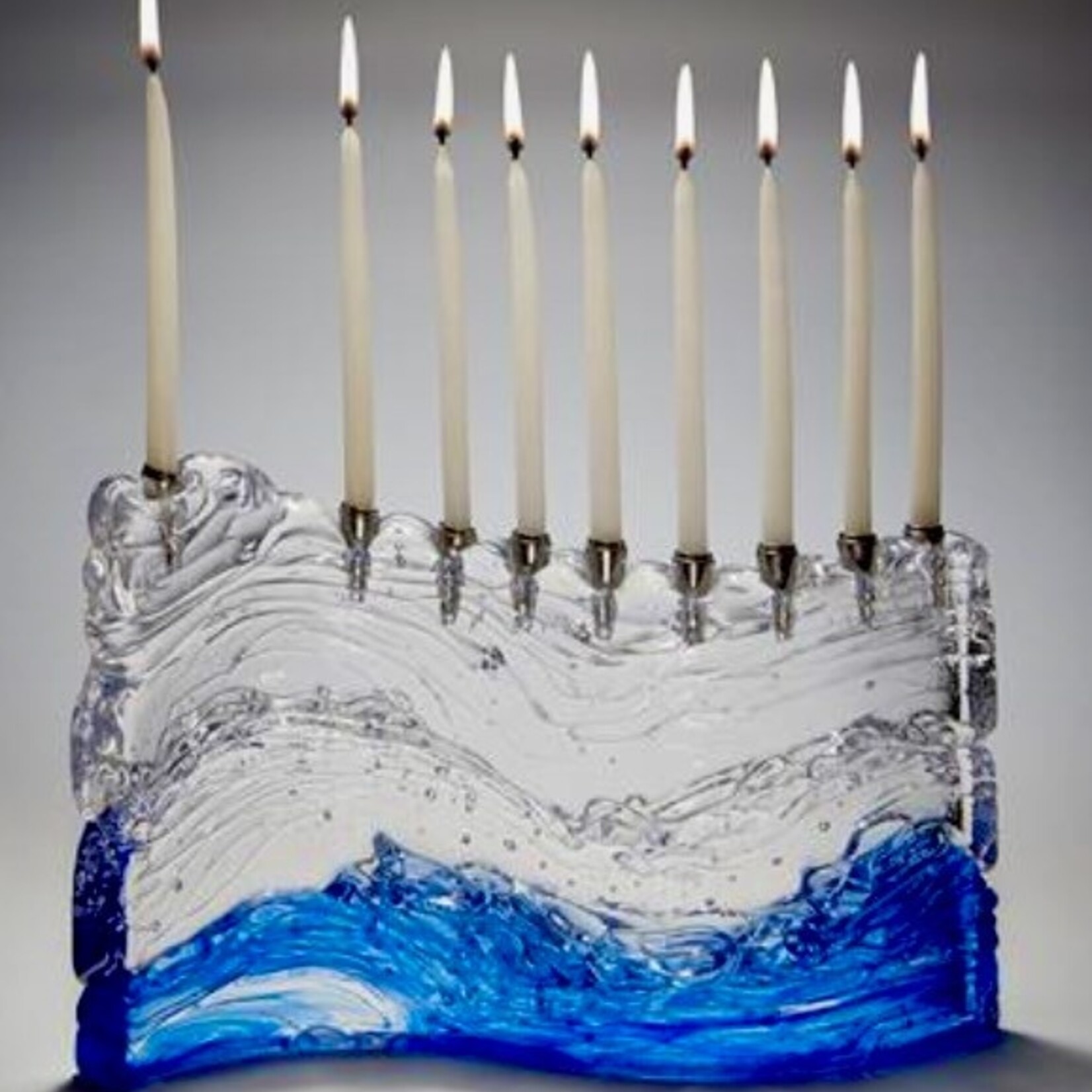 Glasslight Studio Menorah, Bermuda Turquoise, 2x7x11", GLAL