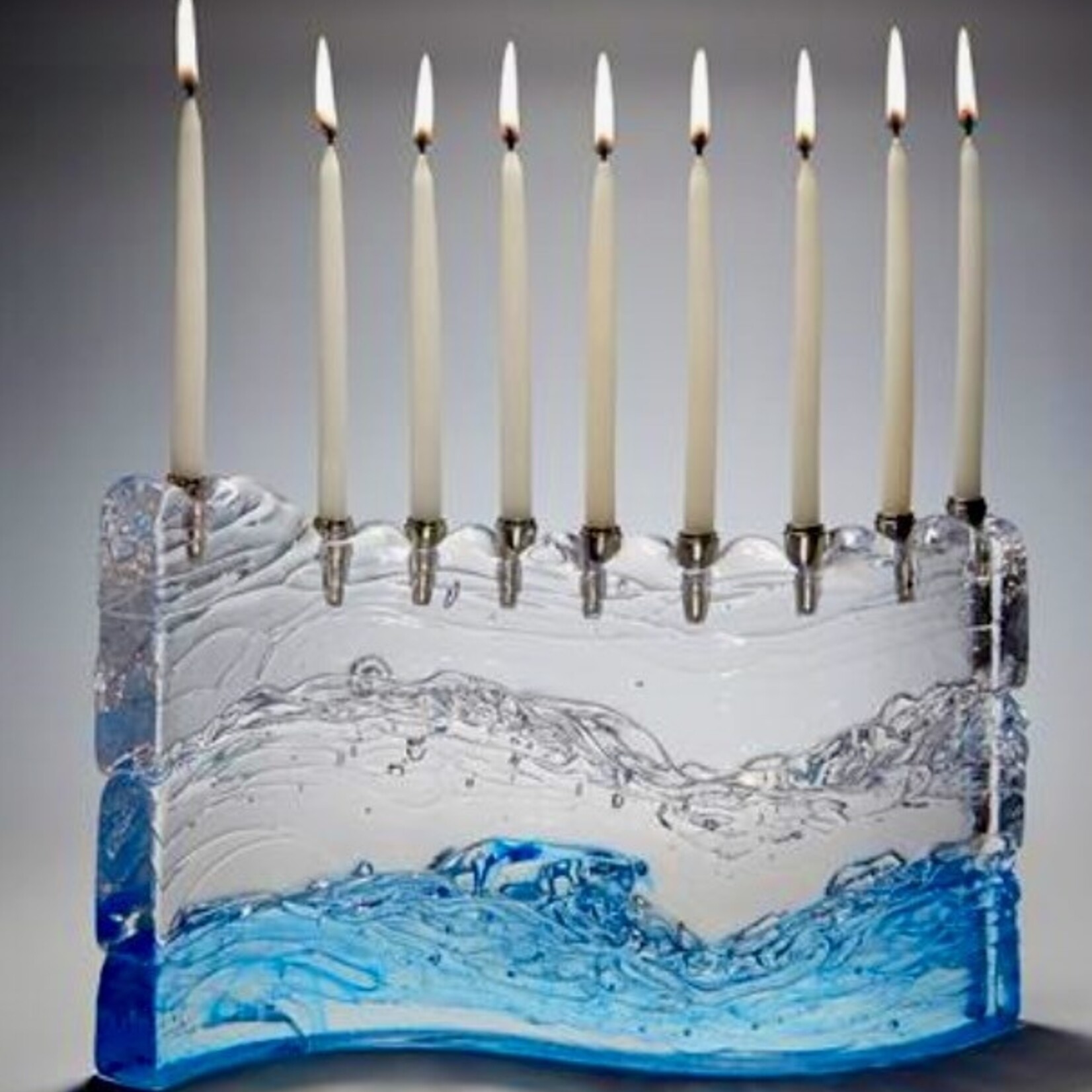 Glasslight Studio Menorah, Bermuda Turquoise, 2x7x11", GLAL