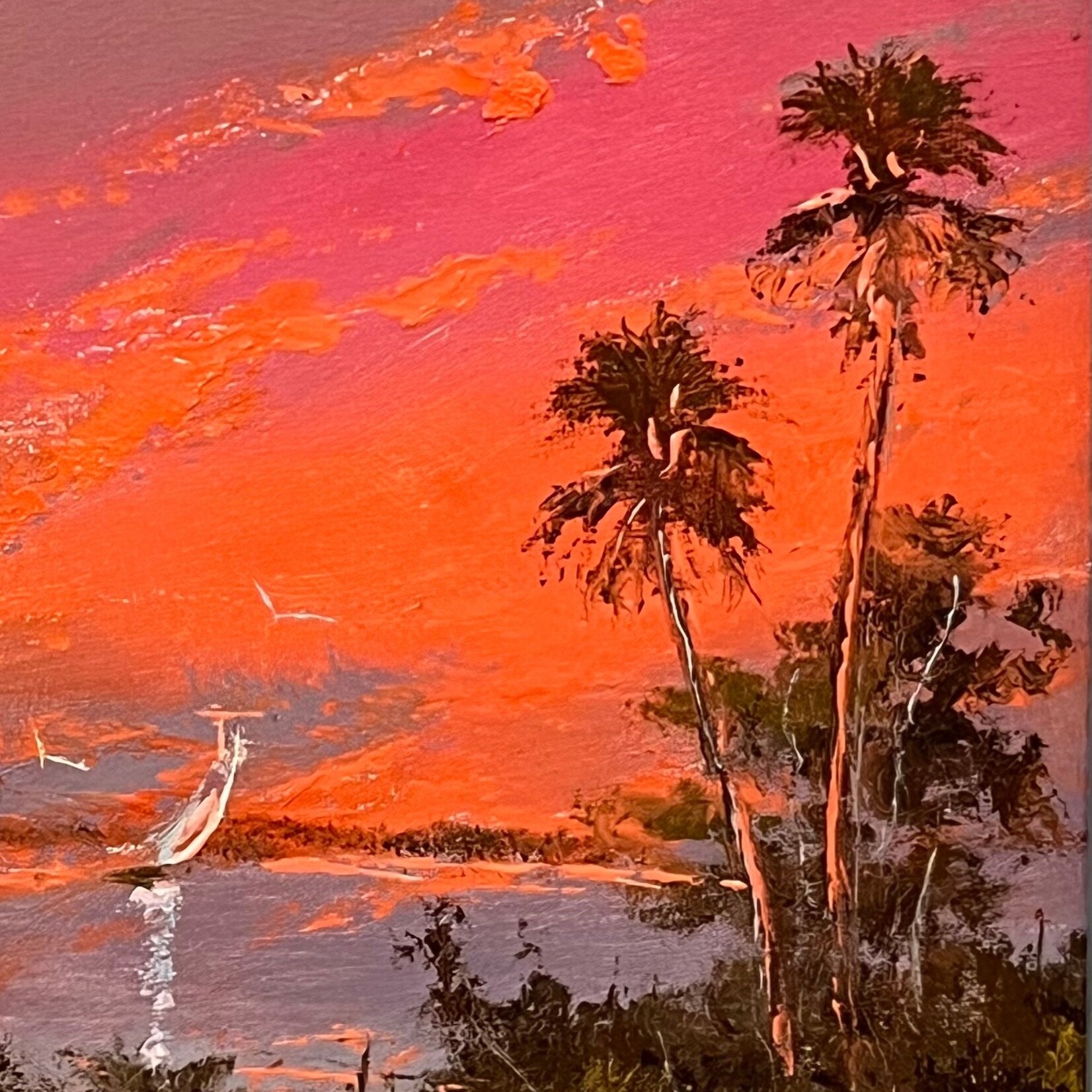 Highwaymen: Original, 2nd Generation, Legacy HIGHWAYMEN, Sam Newton, "Crimson Sky w/Sailboat", early oil on canvas board, 12x14" framed, RARE