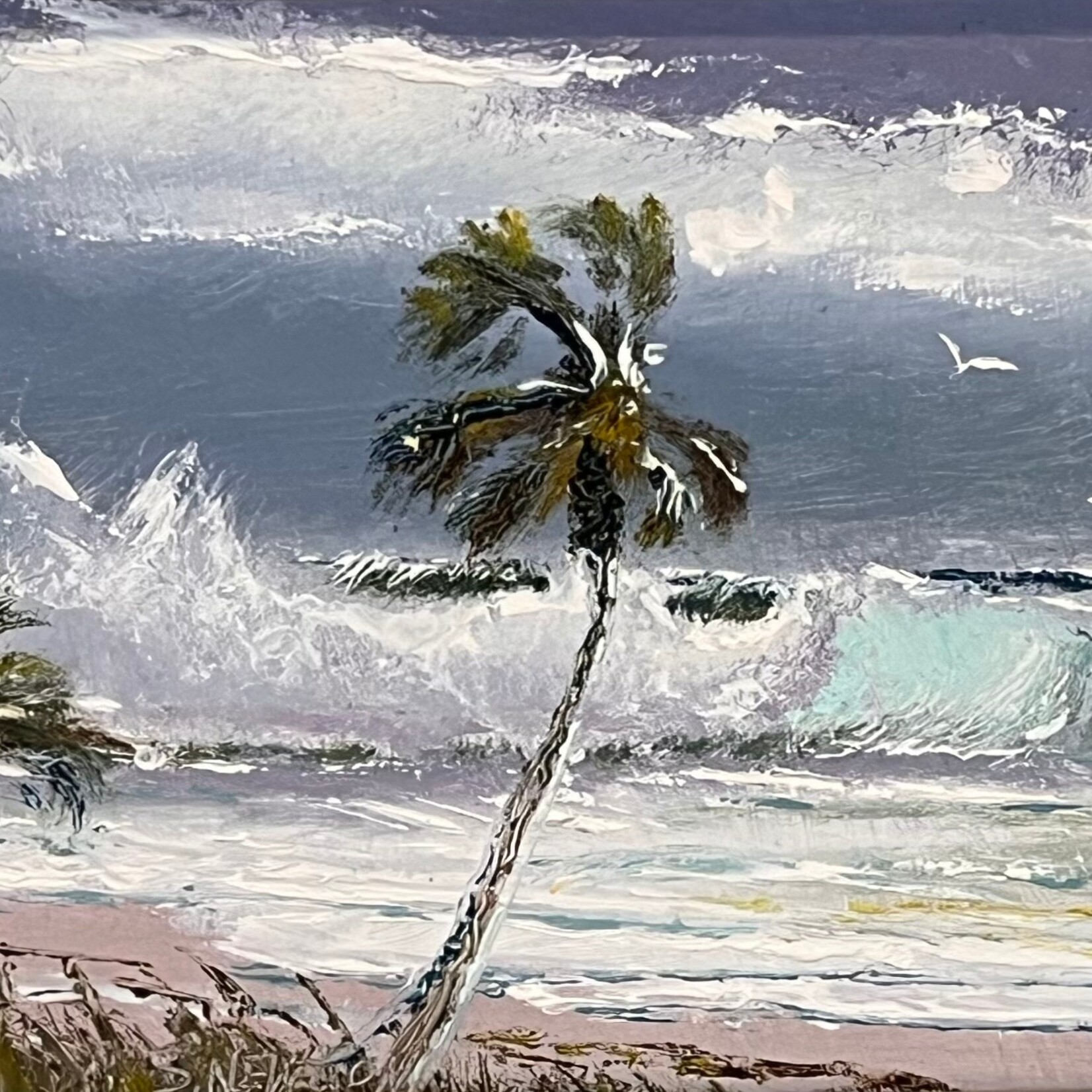 Highwaymen: Original, 2nd Generation, Legacy HIGHWAYMEN, Sam Newton, "Ocean Wave with Palm", early oil on  masonite, 12x14" framed, RARE