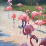 Chris Kling "Flamingo Walk," oil on linen, framed, 42x30", CHRIS