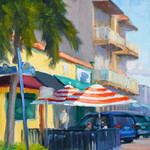 Chris Kling "Downtown Dining,", oil on panel, framed, 18.5x15.5", CHRIS