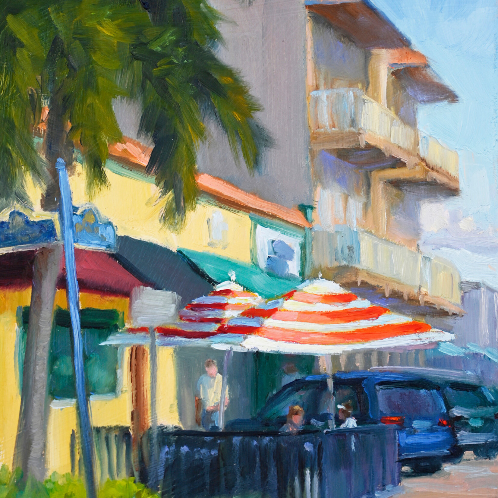 Chris Kling "Downtown Dining,", oil on panel, framed, 18.5x15.5", CHRIS