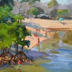 Chris Kling "Play Day," oil on panel, framed, 17.5x14.5", CHRIS