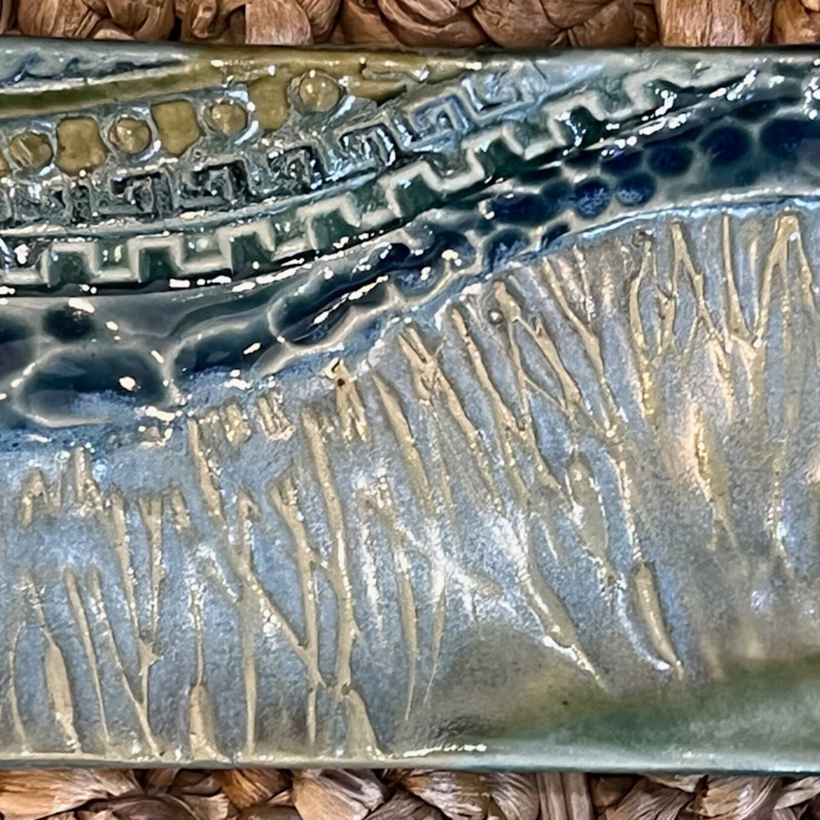 Ellen Robinson Tray. abstract green/blue, 9", EJAY