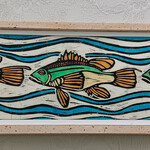 John HC Davis Three Sea Bass, linocut print, 38x12", framed, JOHN