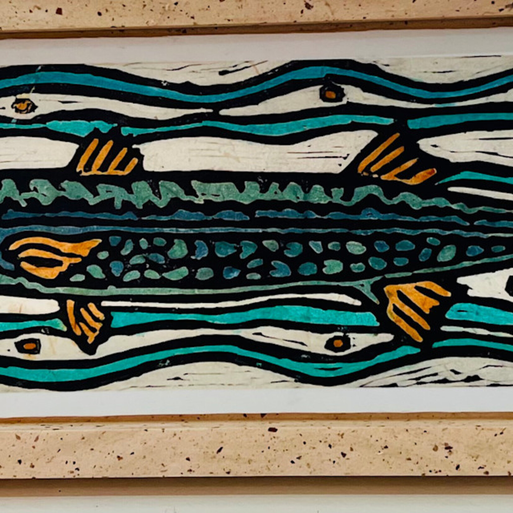 John HC Davis Barracuda, linocut print, 26x8", framed, JOHN