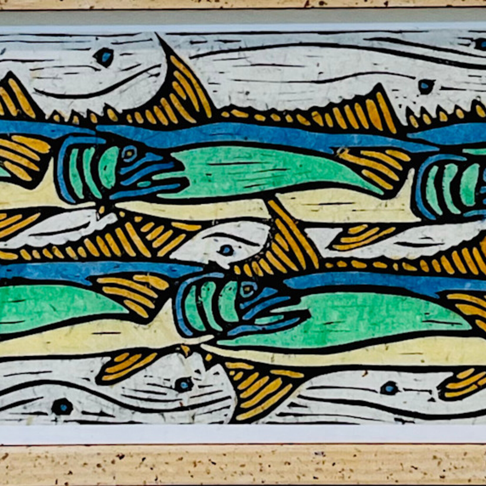John HC Davis King Fish, linocut print, 38x12", framed, JOHN