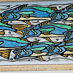 John HC Davis Sea Trout, linocut print, 38x12", framed, JOHN